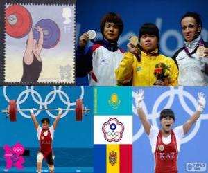 yapboz Halter 53 kg Bayanlar podyum, Zulfiya Chinshanlo (Kazakistan), Hsu Shu-Ching (Tayvan) ve Cristina Iovu ve Cristina Iovu (Moldova) - Londra 2012-